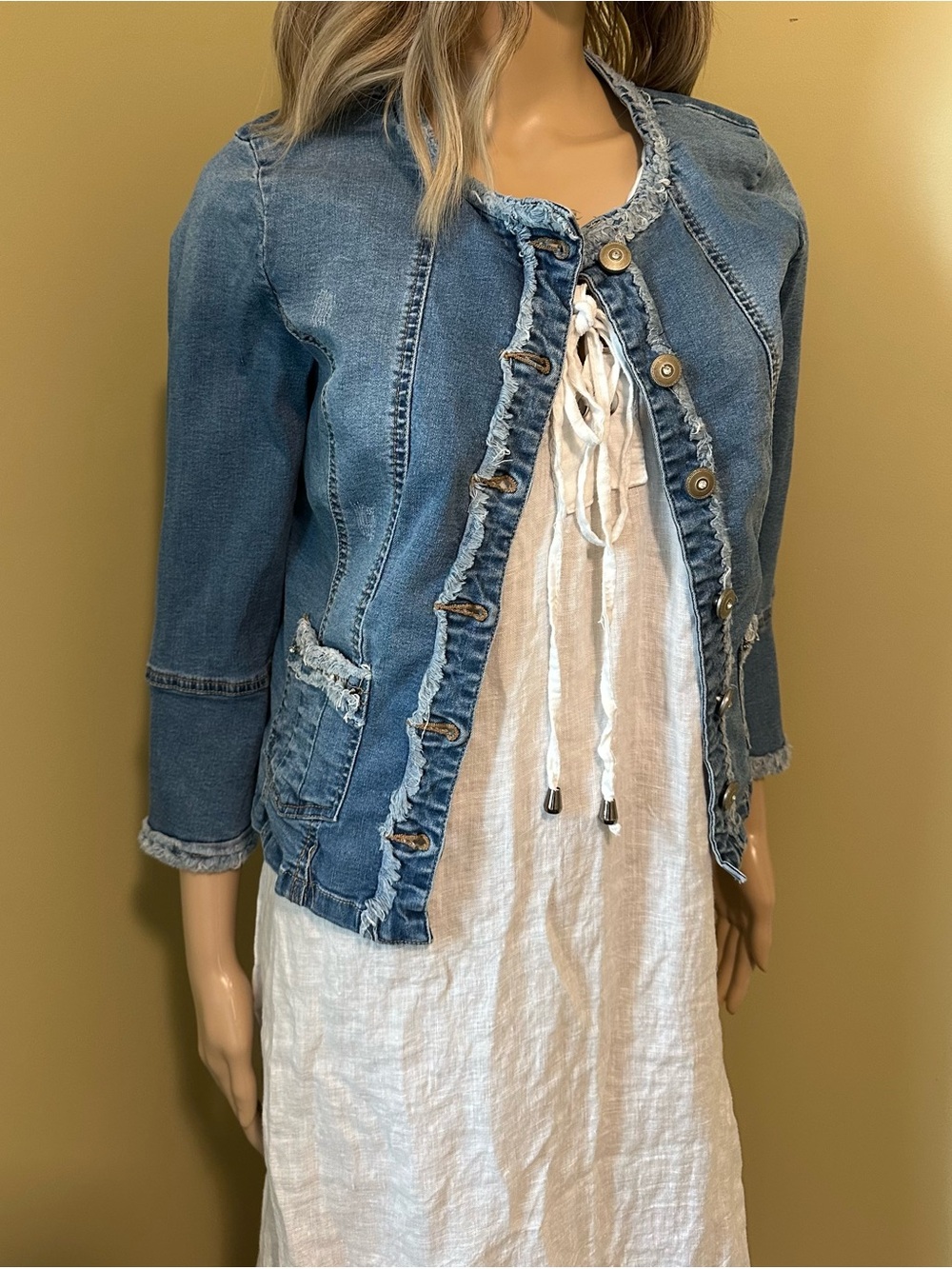 Frayed Jeweled Denim Jacket Women’s Size 40 Bell Sleeve